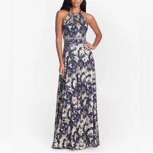 NWT Betsy & Adam Metallic Floral Formal Halter Gown